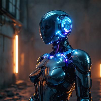 The primary subject of the image is a futuristic robot woman with a silver helmet and blue lights. She is standing in a dark room with a brick wall in the background. The visual style of the image is digital art, and the dominant colors are silver and blue. The overall atmosphere of the image is mysterious and intriguing.